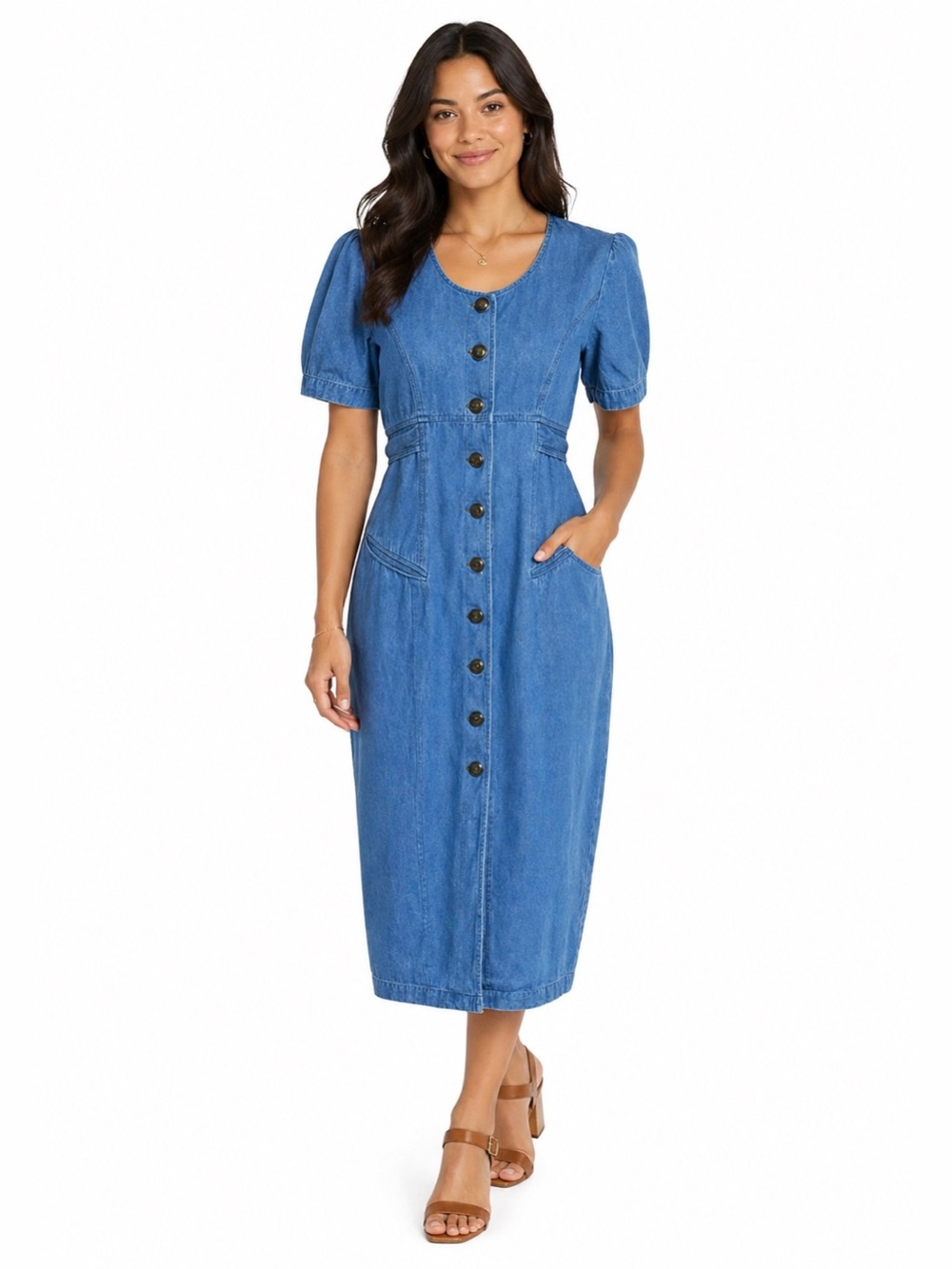 Vintage 90s Denim Dress Button Front Prairie Midi Cottagecore Blue Jean Dress